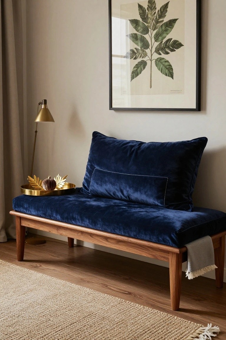 Navy velvet bench with pillows and a gold tray holding a velvet pumpkin ornament and gold leaves, positioned in a beige-walled room next to a brass lamp, with a framed botanical print on the wall and a jute rug on wood floors.