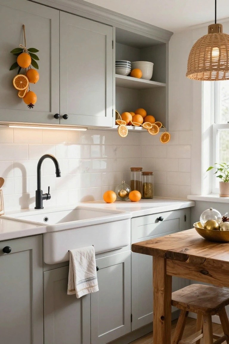 A light gray kitchen with white subway tile backsplash and farmhouse sink, decorated with hanging dried orange slices on cabinet doors and shelves, whole oranges in bowls, and gold glass ornaments.