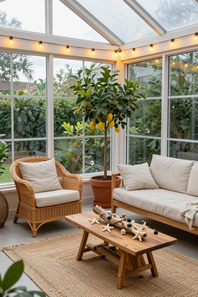 Glass-walled sunroom with wicker armchair, beige daybed sofa, wooden coffee table holding driftwood garland with starfish and shells, potted lemon tree, potted plants, jute rug, and string lights.