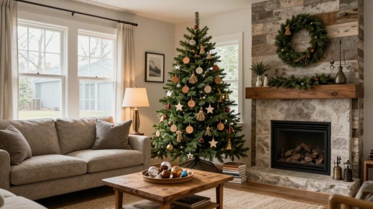 A lit Christmas tree in a living room corner decorated with wooden star and circle ornaments, straw tassels, and glass balls, next to a beige sofa, wooden coffee table holding ornaments, lamp, and stone fireplace.