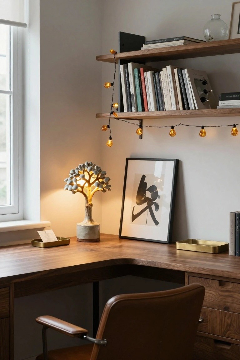 Corner of a light-filled home office with wooden L-shaped desk, brown leather armchair, gray ceramic tree lamp on desk, black-framed ink brush artwork on wall, wooden floating shelves holding books and gold glass vase, with warm orange bulb string lights draped along shelves.