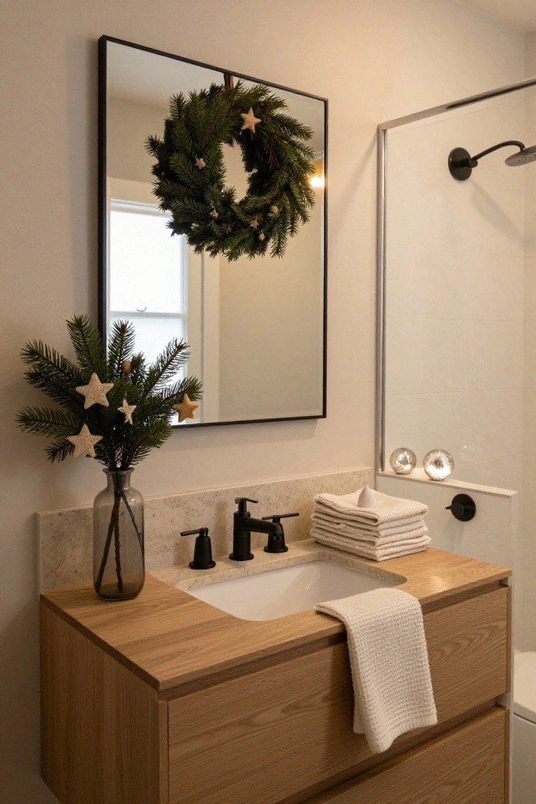 Modern bathroom vanity in oak wood with undermount sink, black faucet, black-framed mirror hung with evergreen Christmas wreath and star ornaments, glass vase of pine branches with stars, stacked white towels, and glass orbs on shelf.