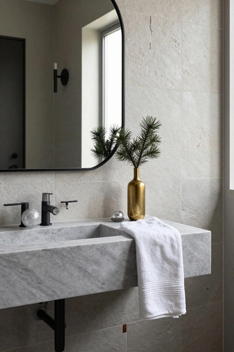 Modern bathroom vanity with gray marble countertop, black wall-mount faucet, glass soap dispenser, gold vase with pine branches, small glass dome on dish, white towel draped over edge, large black-framed round mirror above, beige stone tile walls, and wall sconce near window.