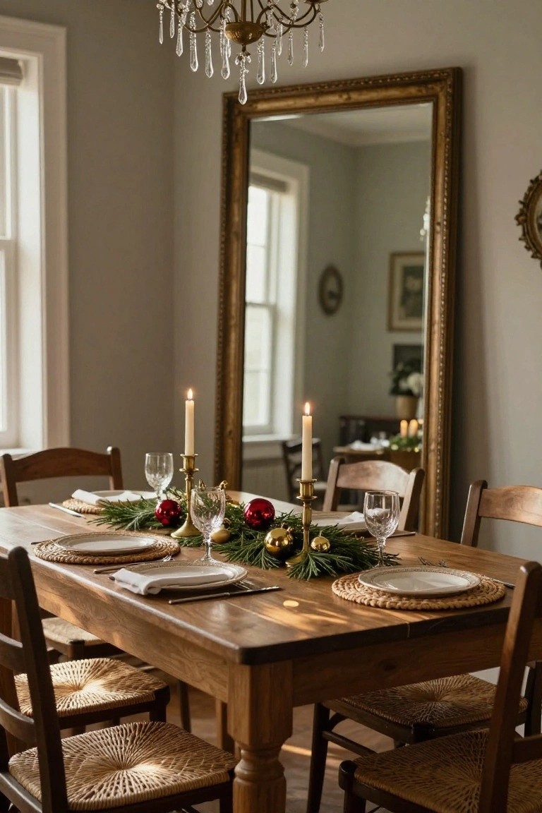 Dining table in a gray-walled room set with a centerpiece of pine garland, red and gold Christmas ornaments, and white candles in brass holders, with white plates on woven placemats, wooden chairs, chandelier above, and large gold mirror on wall.