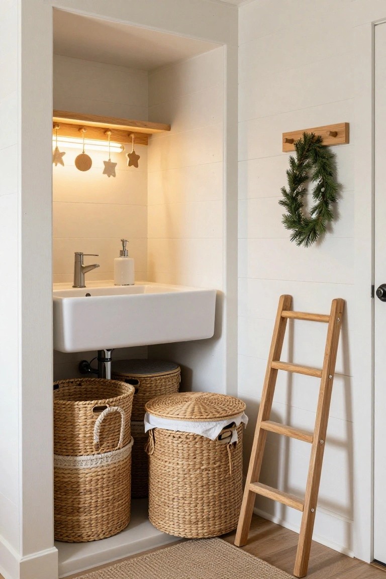 Small indoor laundry nook featuring a white farmhouse sink, wooden shelf with hanging clay star and circle ornaments illuminated by under-shelf lighting, wicker laundry baskets, wooden ladder shelf, and green fir wreath on wooden hook against white shiplap walls.