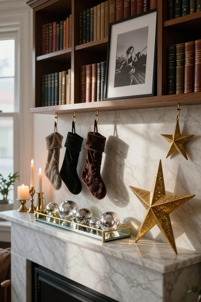 Marble fireplace mantel displaying a gold tray with assorted clear glass spheres, large geometric gold star sculptures, brass candlesticks, and velvet stockings hanging from hooks against bookshelves in a room with natural light.