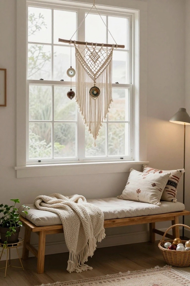 Cozy indoor corner with white-framed window draped in white macrame hanging with beads, wooden bench with beige cushions, throw blanket, pillows, potted ivy plant, floor lamp, and woven basket of colorful glass Christmas ornaments on a beige rug.