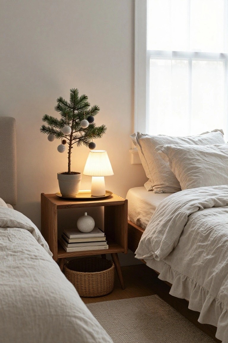 Bedroom corner showing a small potted Christmas tree with gray wool ball ornaments on a wooden nightstand next to a bed with white linen bedding and pillows, with a lamp lit on the table.