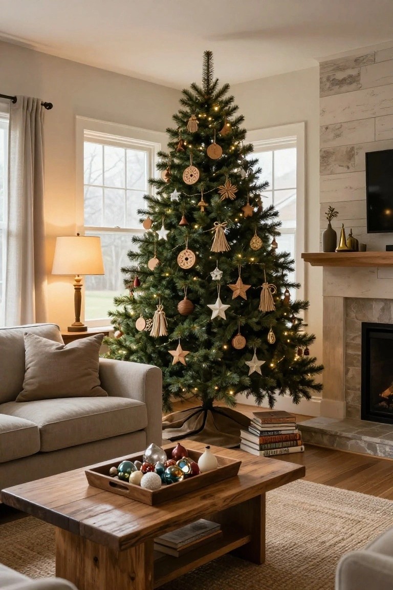 A lit Christmas tree in a living room corner decorated with wooden star and circle ornaments, straw tassels, and glass balls, next to a beige sofa, wooden coffee table holding ornaments, lamp, and stone fireplace.