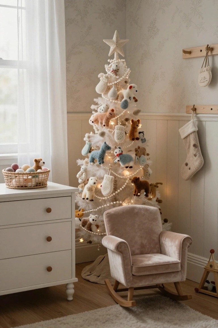 White fluffy Christmas tree in a light-colored nursery decorated with knitted and felt animal ornaments including bears, foxes, and sheep, next to a white dresser, basket of plush balls, and pink velvet rocking chair.