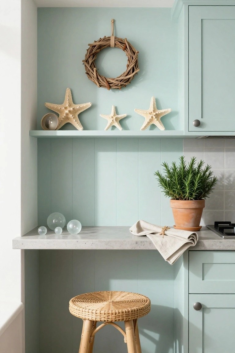 Kitchen nook with pastel blue cabinets and paneled wall, driftwood wreath hanging centrally, three white starfish on floating shelf above counter with clear glass orbs, potted rosemary plant, linen cloth with twine bow, rattan stool, and gas cooktop.