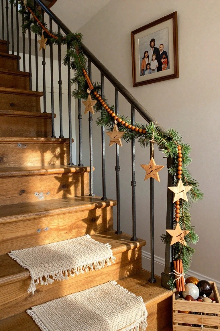 Wooden staircase with black metal railing decorated in evergreen garland, wooden star ornaments, and orange beaded strands, plus white fringed rugs on steps and a crate of ornaments at the base.