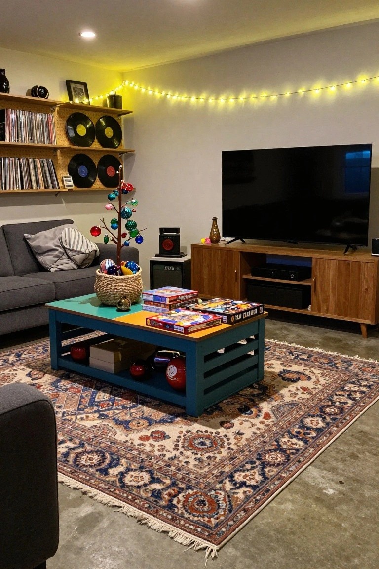 Living room featuring a small natural twig tree in a basket decorated with colorful hanging ornaments, gray couch, turquoise coffee table with board games, wood media console under a large TV, record shelves, string lights, and Persian rug on concrete floor.
