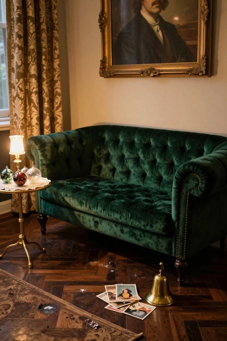 Green velvet tufted loveseat in a room with brass side table holding glass Christmas ornaments on a doily, lit lamp with hanging baubles, portrait painting, ornate rug, and scattered photos with a brass bell on parquet floor.