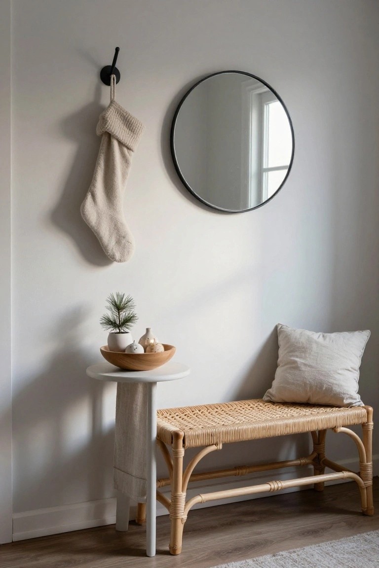 Cream knit stocking hanging from black wall hook next to black round mirror on light gray wall, with white round pedestal table holding wooden bowl of three speckled ceramic bulbs and white pot with small potted pine tree, rattan bench with white pillow below in indoor corner with wood floor.