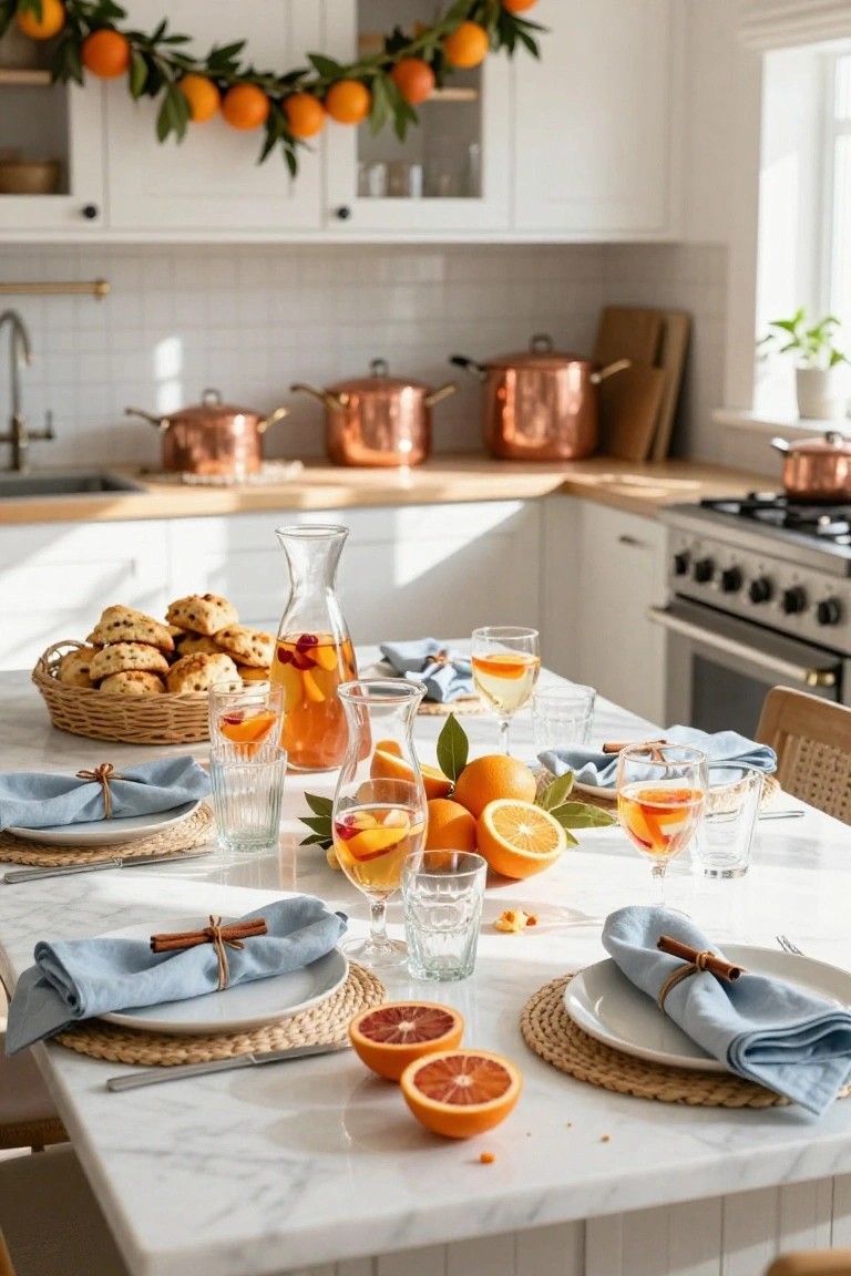Kitchen island table set for Christmas with blue napkins tied with cinnamon sticks, glasses of orange-infused sangria, a pitcher of sangria, basket of scones, sliced oranges, and orange garlands hanging above white cabinets and copper pots.