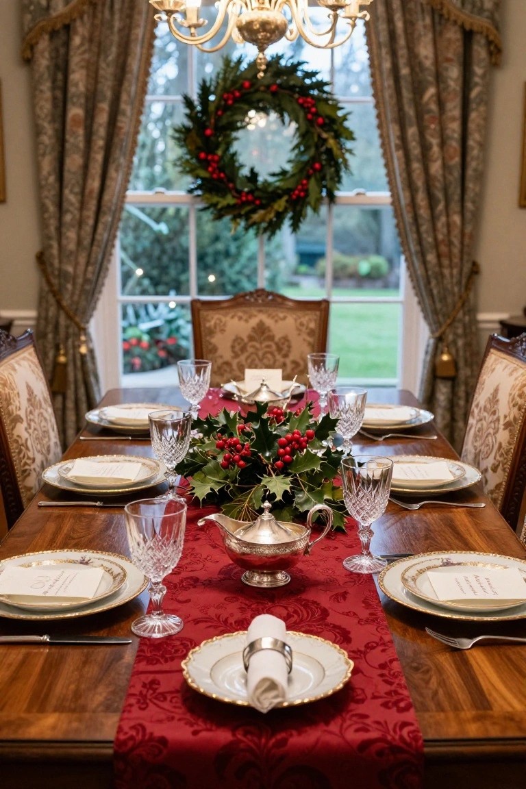 A formally set wooden dining table for Christmas with a low centerpiece of holly branches and red berries, flanked by crystal glasses, white plates with gold rims, a red velvet runner, and a silver teapot, in an elegant room with upholstered chairs and a window wreath.