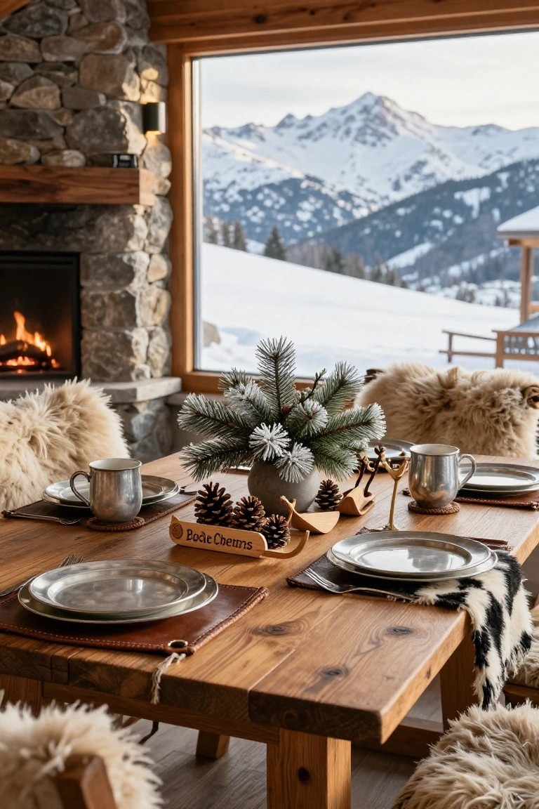 Wooden dining table set with metallic plates and cups, pine branch centerpiece, pinecones, wooden sled sign, and fur throws on chairs in a stone-walled chalet room with fireplace and large window showing snowy mountains.
