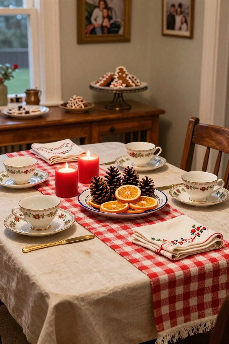 Dining table set for Christmas on a beige linen cloth with red checkered runner, white china teacups and saucers with floral patterns, blue-rimmed plate of orange slices and pinecones surrounded by red pillar candles, embroidered napkins, and wooden chairs nearby.