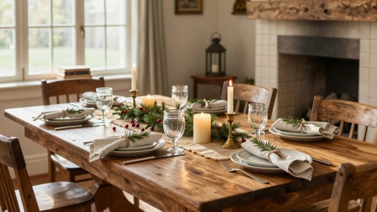 Rustic wooden dining table in a cozy room set for Christmas with pine branches, jars of cranberries, burning candles, white plates, linen napkins with rosemary, wooden chairs, beamed ceiling, window, and tiled fireplace.