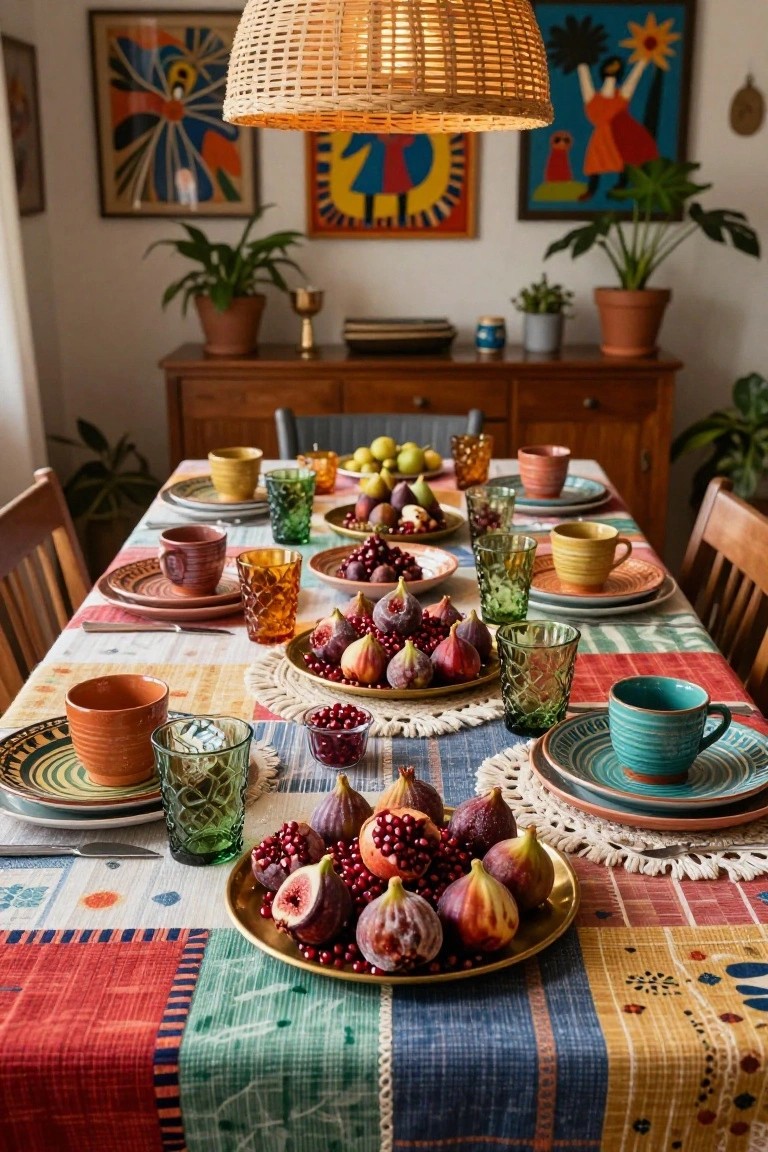 Dining table covered in a multicolored patchwork tablecloth set with assorted colorful ceramic plates, cups, and faceted glass tumblers, featuring multiple bowls and platters of figs, pomegranates, grapes, and pears, surrounded by wooden chairs in a room with plants, artwork, and a wooden sideboard.