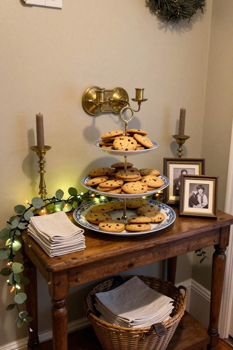 Wooden side table in room corner with three-tiered stand holding chocolate chip cookies, brass candelabras with lit candles, eucalyptus garland strung with fairy lights, stacked linen napkins, wicker basket, and small framed photos nearby.