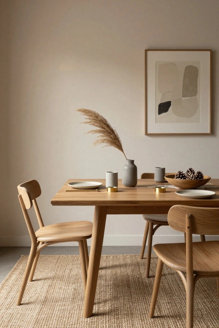 Wooden dining table in beige room set with white plates, gray ceramic vases holding pampas grass, wooden bowl of pinecones, gold candle holders, and wooden chairs on seagrass rug.