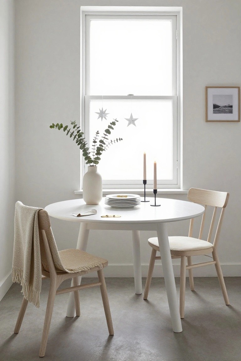 Round white table in a light gray room with two wooden chairs, one draped in a cream knit throw, a tall white vase of eucalyptus branches, stacked white plates, gold utensils, two beige candles in black holders, and white star stickers on a window.