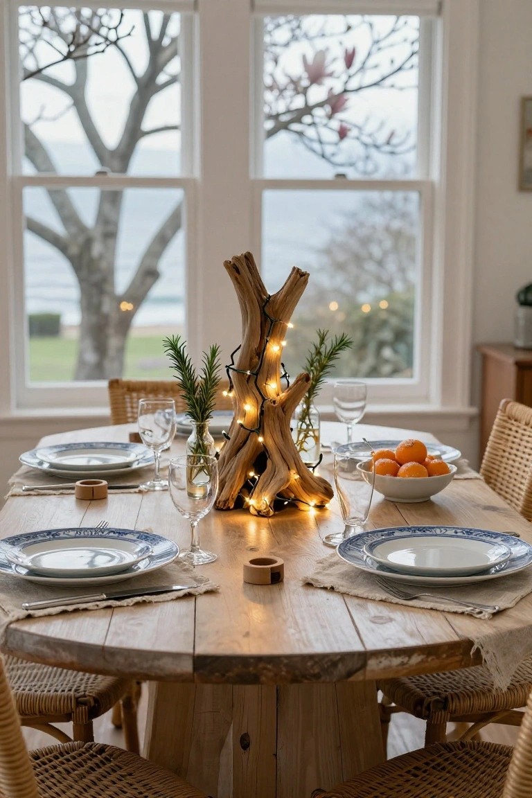 Round wooden dining table set for a meal with blue and white plates, wine glasses, cutlery, a bowl of oranges, and a tall driftwood sculpture wrapped in fairy lights with rosemary sprigs, in a bright room with large windows showing trees, garden, and sea view.