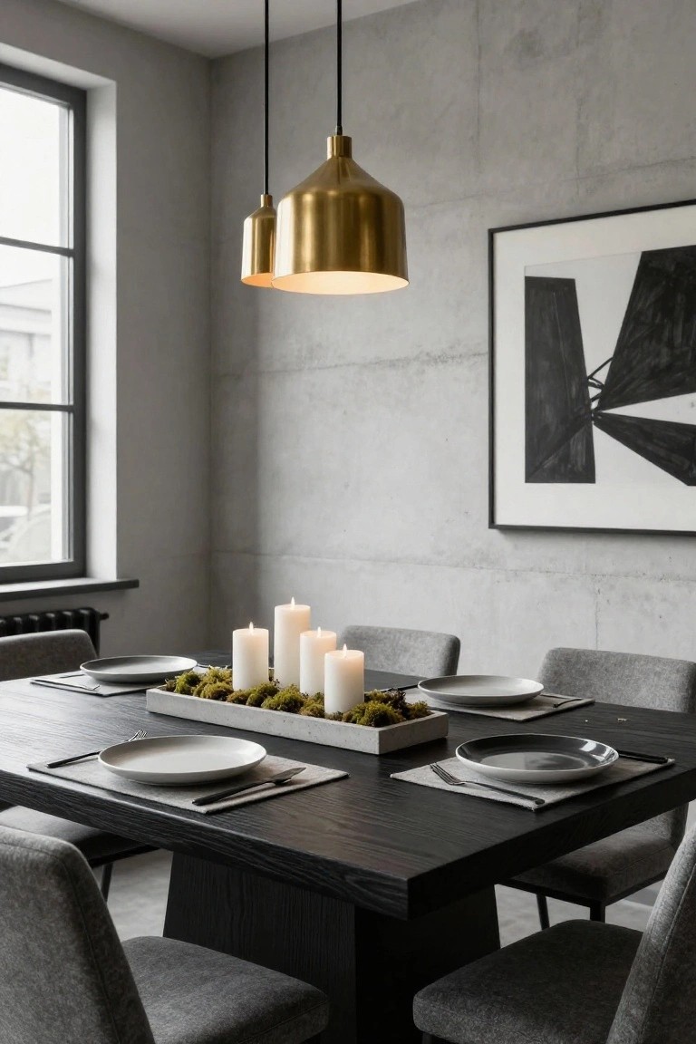 Dining table in a concrete-walled room with a white rectangular tray of green moss holding five lit white pillar candles at center, white plates on black woven placemats, gray fabric chairs, brass pendant lights overhead, and a large abstract black-and-white artwork on the wall.