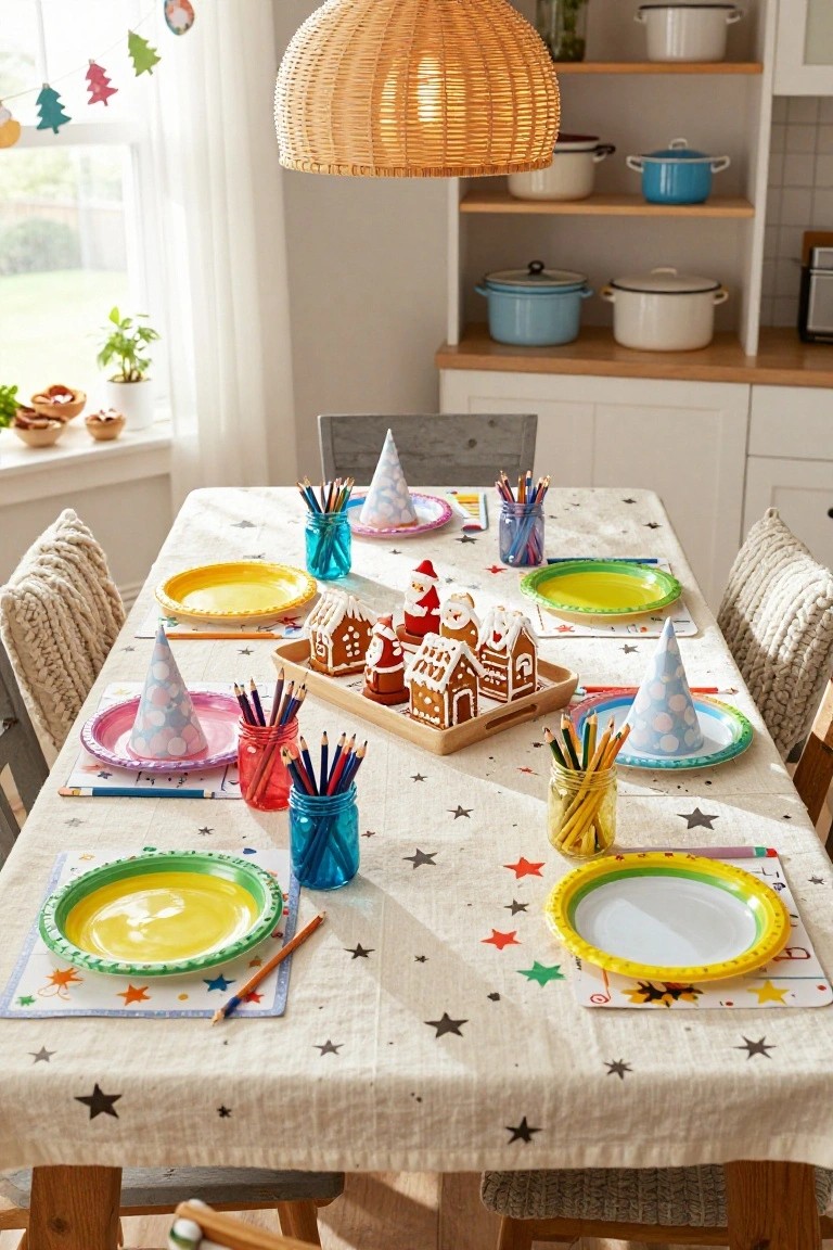 Dining table set for children with colorful paper plates, party hats, colored pencils in glass jars, gingerbread houses on a wooden tray, and star-patterned linen cloth in a kitchen with rattan lamp overhead.