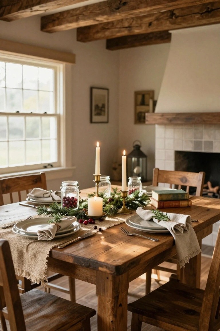 Rustic wooden dining table in a cozy room set for Christmas with pine branches, jars of cranberries, burning candles, white plates, linen napkins with rosemary, wooden chairs, beamed ceiling, window, and tiled fireplace.