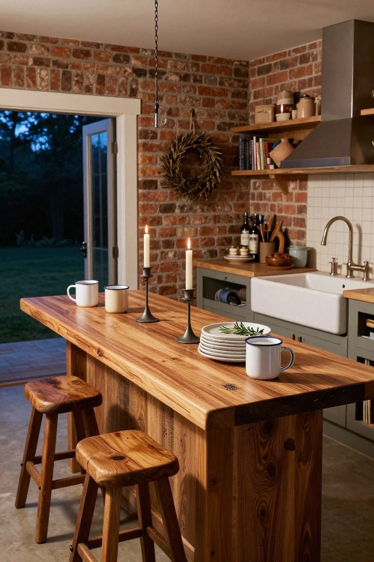Rustic kitchen featuring a large wooden island with two stools, set with white enamel mugs, stacked white plates garnished with rosemary sprigs, and three lit candles on metal candlesticks, adjacent to green cabinets and a white farmhouse sink, with glass doors opening to a dark garden.