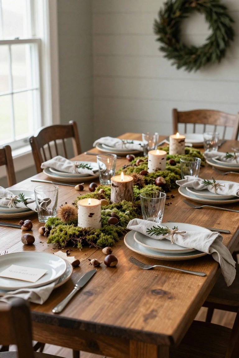 Wooden dining table decorated for Christmas with a green moss centerpiece featuring birch candles, chestnuts, acorns, and hedgehogs, set with white plates, linen napkins tied with rosemary sprigs, glassware, and wooden chairs in a light gray shiplap-walled room.
