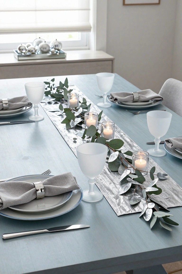 A dining table with a long silver metallic runner down the center decorated with eucalyptus leaves and multiple tealight candles, set with white frosted glass tumblers, gray napkins with silver rings, white plates, and silverware on a light blue painted surface.