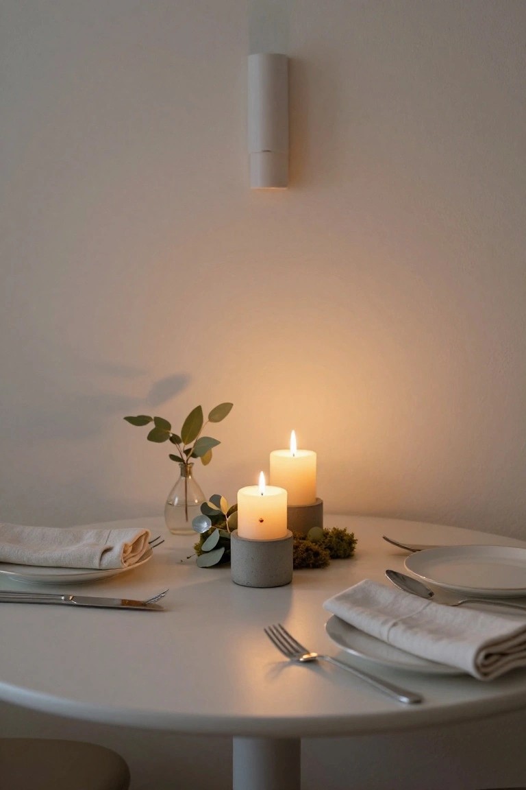 Close-up of a round white table set for two with white plates, linen napkins, silverware, two lit beige pillar candles in concrete holders, eucalyptus sprigs in a glass vase, and moss accents against a light gray wall with soft overhead light.