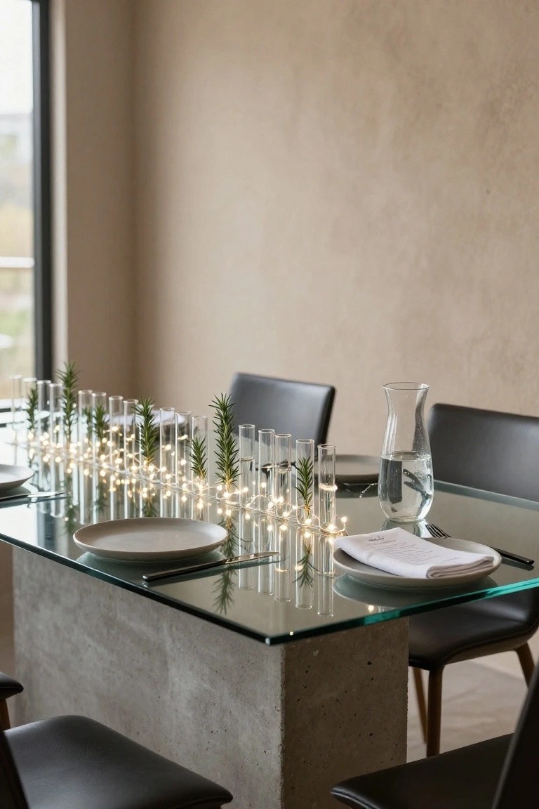 Glass-topped dining table with linear centerpiece of test tubes containing fairy lights and rosemary sprigs, white plates, napkin, water pitcher, and black leather chairs in beige room with window.