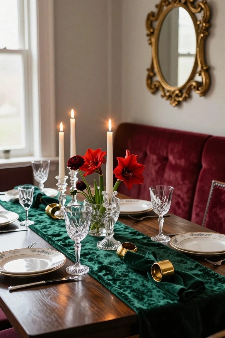 Wooden dining table with green velvet runner, red amaryllis flowers in glass vase next to white candles, crystal glassware and plates, gold napkin rings, flanked by red velvet bench and ornate gold mirror.