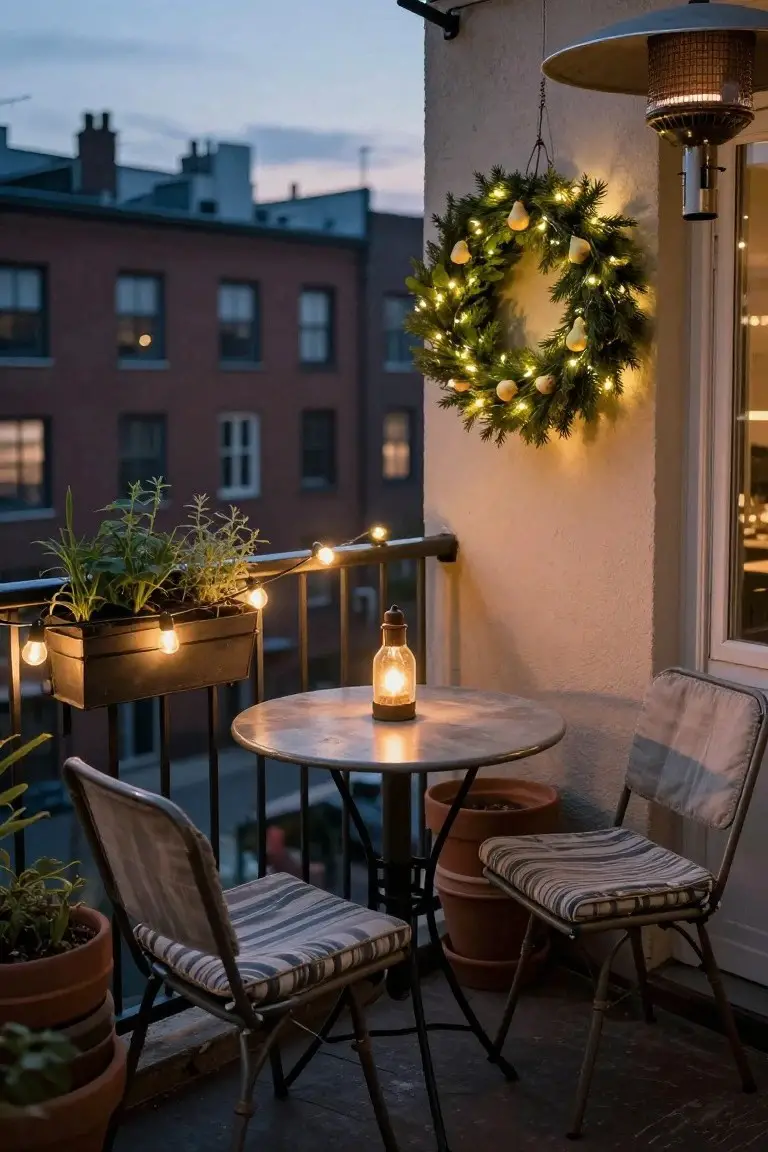 Balcony at dusk featuring a lighted Christmas wreath with pears on the wall, string lights on the railing and in plant boxes, potted herbs and plants, a small metal table with a lantern, two cushioned chairs, and a patio heater overhead.