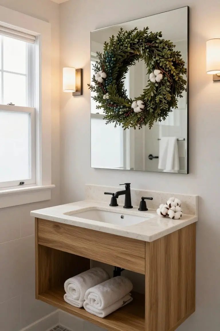 Bathroom with floating oak vanity, white sink, black faucet, large rectangular mirror with green Christmas wreath of eucalyptus, cotton bolls, and berries, white towels in cabinet, and wall sconces.