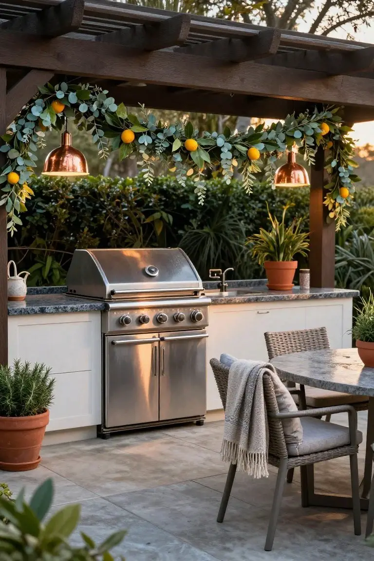 Outdoor kitchen under wooden pergola draped with eucalyptus and orange garlands, stainless steel grill on blue granite counter, copper pendant lights, potted plants, wicker chair with throw on tiled patio.
