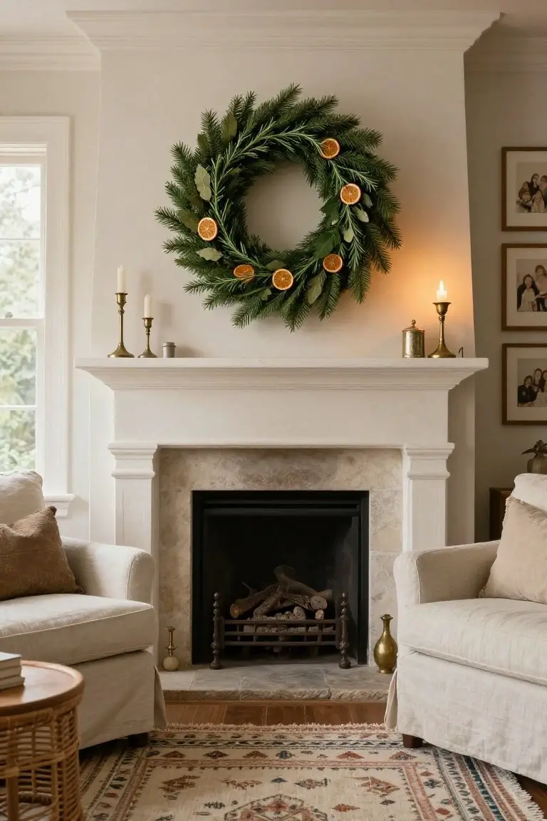 Living room interior with white fireplace mantel topped by candlesticks and a large evergreen wreath with dried orange slices and rosemary, flanked by beige armchairs on a patterned rug.