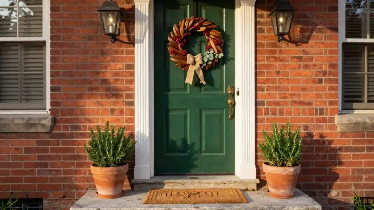 Green front door on a brick house with white trim, decorated with a wreath of wheat, berries, eucalyptus, and a burlap bow, flanked by black lanterns and terra cotta pots of rosemary plants on stone steps.
