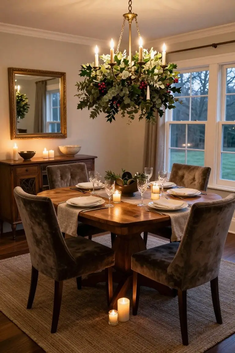 Dining room with wooden table set for four, velvet upholstered chairs, brass chandelier draped in evergreen garland with berries and candles, sideboard, mirror, and window views of winter landscape.