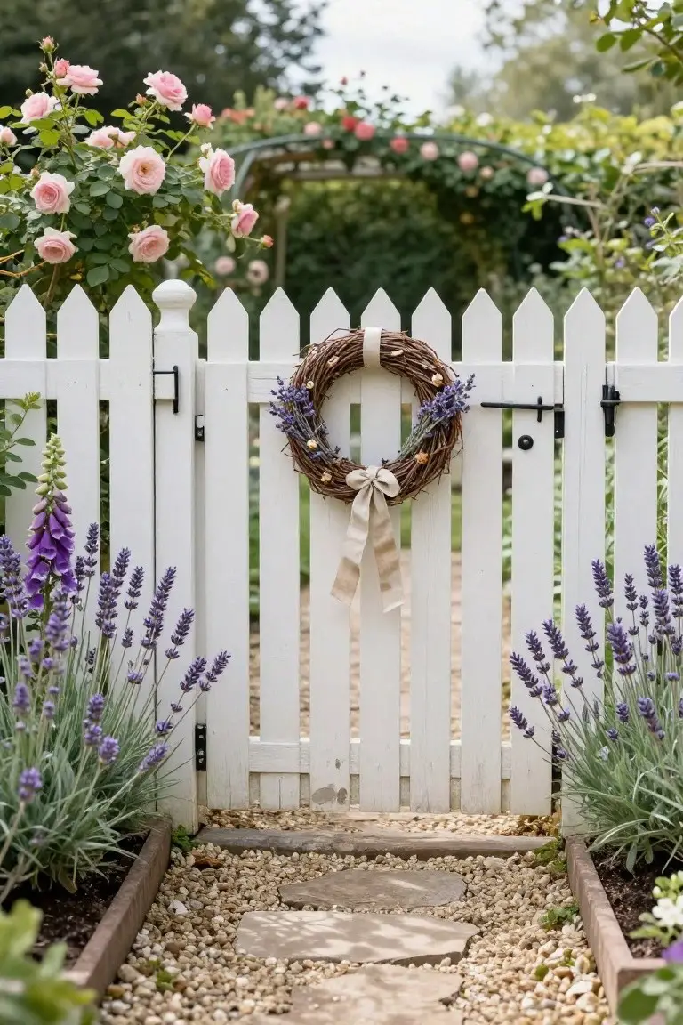 White picket fence gate with a wreath of dried lavender, wheat, and a beige bow hanging on it, flanked by lavender plants and foxgloves, pink roses to the side, gravel path ahead, and garden arch in the background.
