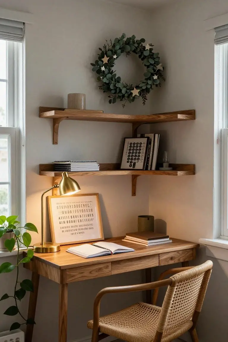 Home office corner featuring a wooden desk with open notebook, gold desk lamp, potted plant, rattan chair, corner wooden shelves with books and decor, and a green eucalyptus wreath with white stars hanging on the wall above the shelves.