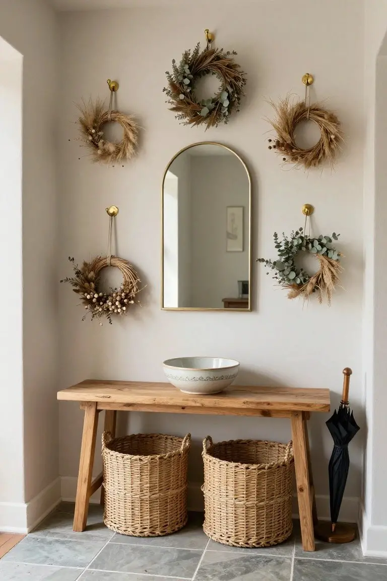 Beige entryway corner with multiple dried wheat and eucalyptus wreaths hanging from gold hooks around a gold arched mirror, wooden bench below holding baskets, a white bowl, and black umbrella stand on tiled floor.