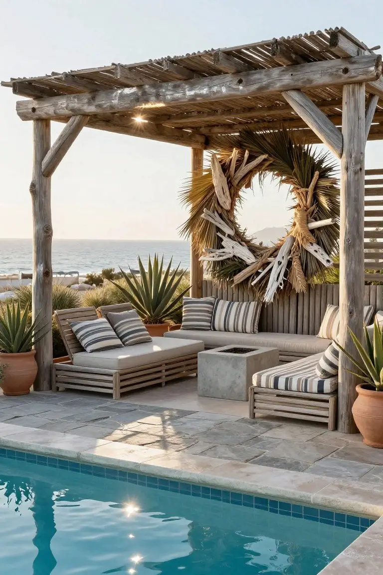 Wooden pergola with thatched roof over cushioned outdoor seating and fire table by a pool, large wreath of driftwood and palm fronds on post, agave plants in terracotta pots, ocean view.