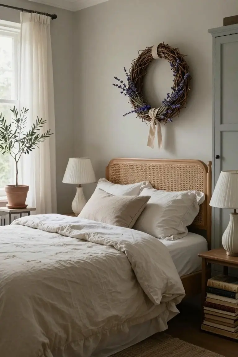 Bedroom interior featuring a rattan headboard with white and beige linens, two ceramic lamps on nightstands, an olive tree in a terracotta pot by a window with sheer curtains, wooden side tables with stacked books, a seagrass rug, and a circular wreath of dried lavender and twigs with a white ribbon hanging on the light gray wall above the bed.