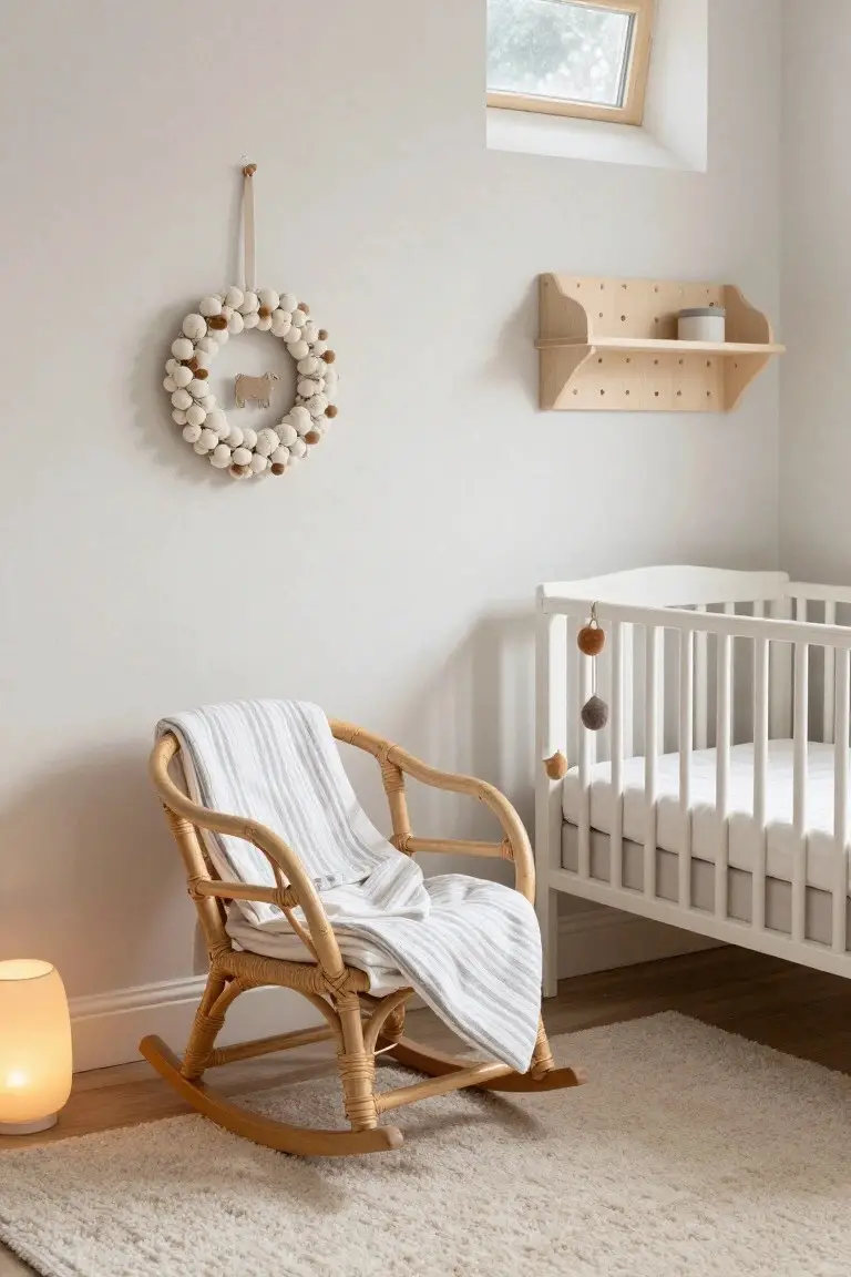 Nursery room with white crib, rattan rocking chair draped in striped blanket, wooden peg shelf, small lamp, and hanging wreath of white wool balls with brown accents and sheep figure on light wall.